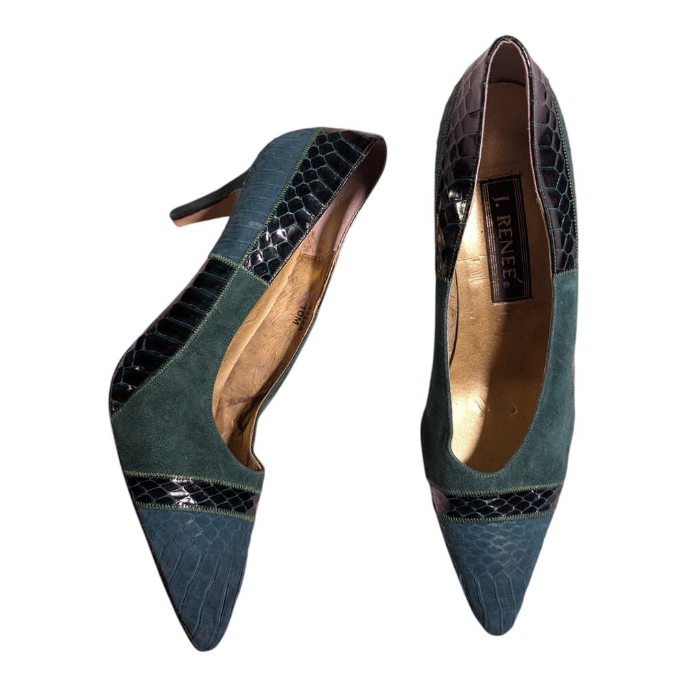 Vtg 1990s J Renee Green Suede Croc Embossed Leather Pointed Toe Pumps Sz 10